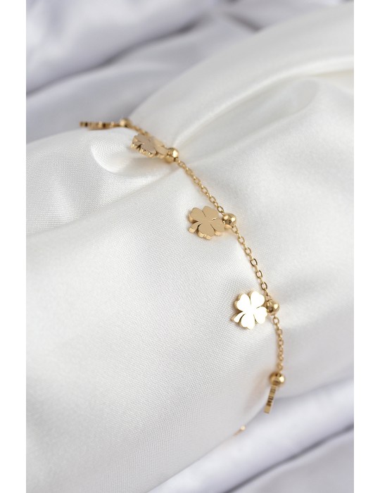 316L Çelik Sıralı Yonca Model Gold Renk Kadın Bileklik - TJ-BB7824