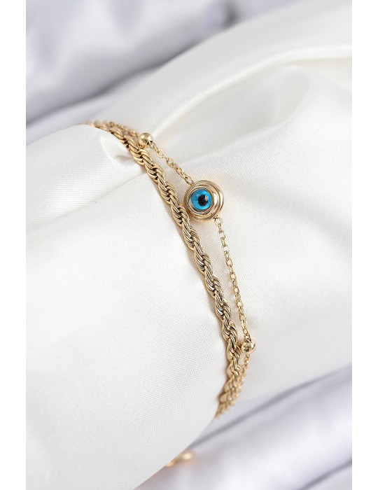 316L Çelik Nazar Boncuk Model Burgu Zincir Gold Renk Kadın Bileklik - TJ-BB7829