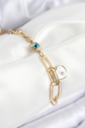 316L Çelik Nazar Boncuğu Ve Zirkon Taşlı Kalp Model Gold Renk Kadın Bileklik - TJ-BB7837 316L Çelik Nazar Boncuğu Ve Zirkon Taşlı Kalp Model Gold Renk Kadın Bileklik - TJ-BB7837