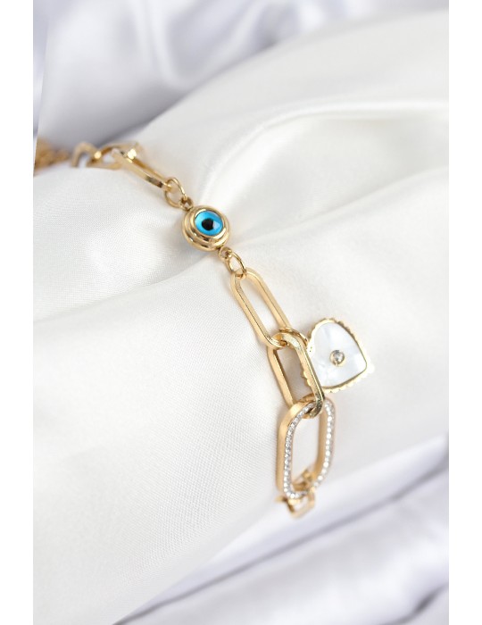316L Çelik Nazar Boncuğu Ve Zirkon Taşlı Kalp Model Gold Renk Kadın Bileklik - TJ-BB7837