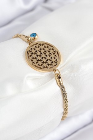 316L Çelik Nazar Boncuğu Detaylı Yaşam Çiçeği Model Gold Renk Kadın Bileklik - TJ-BB7838 316L Çelik Nazar Boncuğu Detaylı Yaşam Çiçeği Model Gold Renk Kadın Bileklik - TJ-BB7838