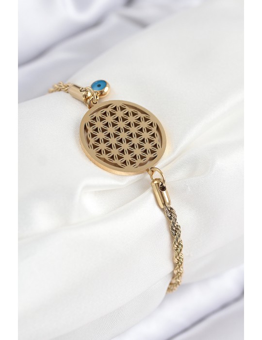 316L Çelik Nazar Boncuğu Detaylı Yaşam Çiçeği Model Gold Renk Kadın Bileklik - TJ-BB7838
