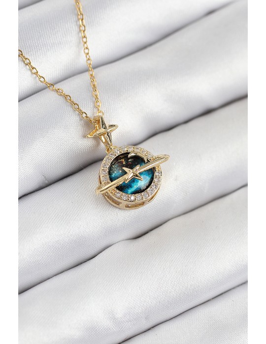 316L Çelik Zirkon Taşlı Gezegen Model Gold Renk Kadın Kolye - TJ-BKO10508