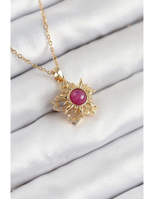 316L Çelik Zirkon Taşlı Döner Güneş Model Gold Renk Kadın Kolye - TJ-BKO10510