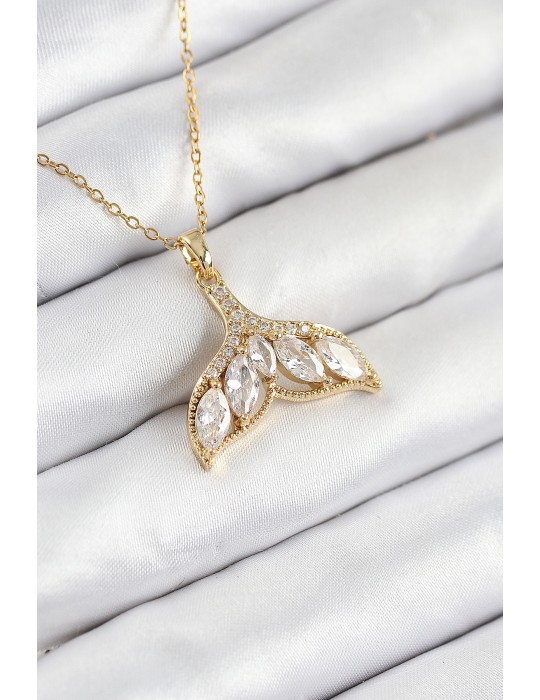 316L Çelik Zirkon Taşlı Balık Kuyruğu Model Gold Renk Kadın Kolye - TJ-BKO10511