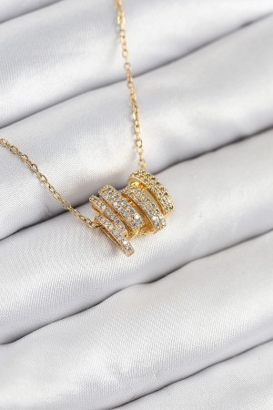 316L Çelik Zirkon Taşlı Sarmal Model Gold Renk Kadın Kolye - TJ-BKO10512
