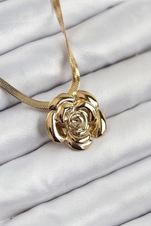 316L Çelik Gül Figürlü İtalyan Zincir Model Gold Renk Kadın Kolye - TJ-BKO10513