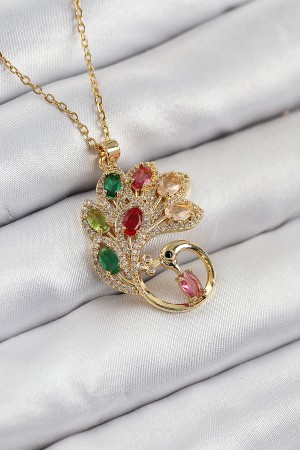 316L Çelik Zirkon Taşlı Tavus Kuşu Model Gold Renk Kadın Kolye - TJ-BKO10514