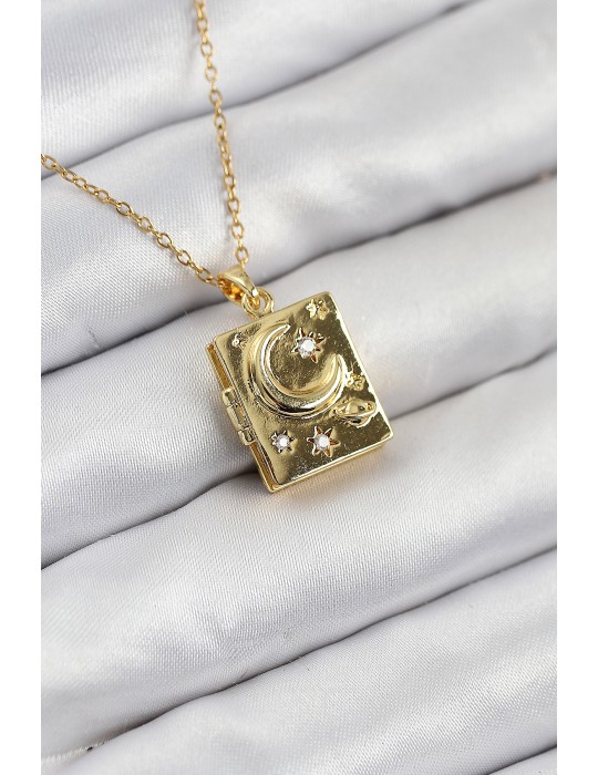 316L Çelik Zirkon Taşlı Açılabilr Kapaklı Kitap Model Gold Renk Kadın Kolye - TJ-BKO10515