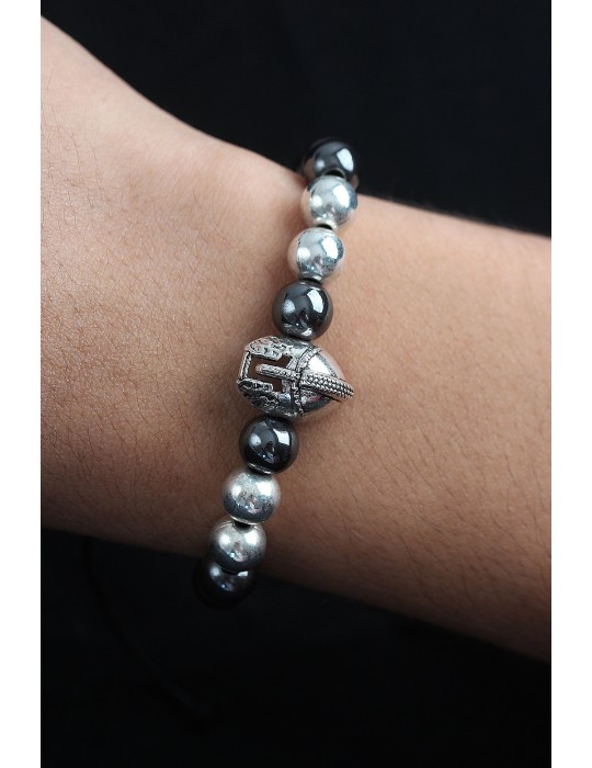 Doğal Taş Gladyatör Model Gümüş Ve Füme Renk Asansörlü Erkek Bileklik - TJ-EB3758