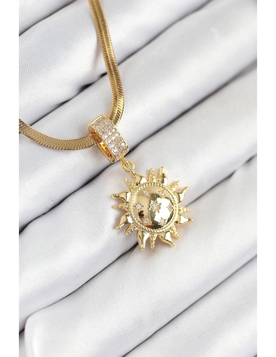 316L Çelik Zirkon Taşlı Güneş Model Gold Renk Kadın Kolye - TJ-BKO10535