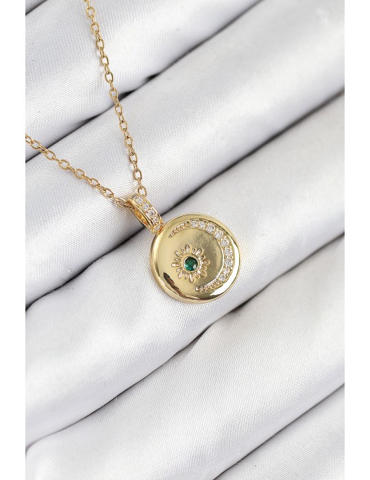 316L Çelik Zirkon Taşlı Ay Ve Güneş Model Gold Renk Kadın Kolye - TJ-BKO10539