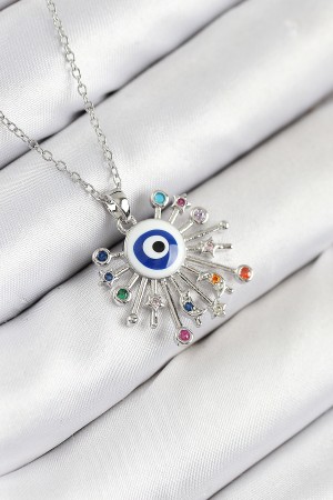 316L Çelik Zirkon Taşlı Nazar Model Gümüş Renk Kadın Kolye - TJ-BKO10543