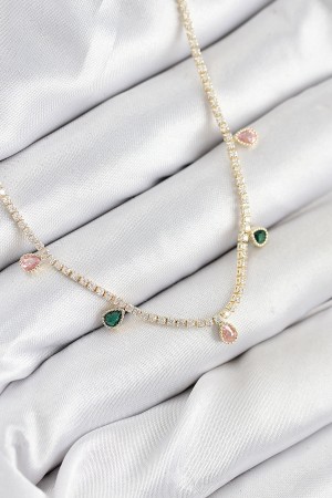 Pirinç Zirkon Taşlı Su Yolu Damla Model Gold Renk Kadın Kolye - TJ-BKO10545