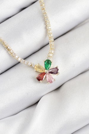 Pirinç Zirkon Taşlı Su Yolu Asorti Çiçek Model Gold Renk Kadın Kolye - TJ-BKO10546