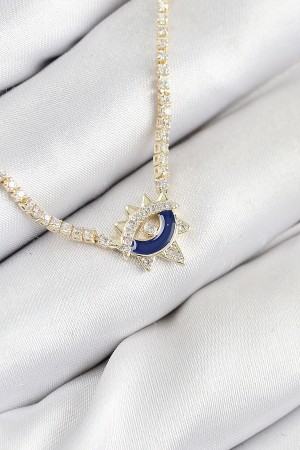 Pirinç Zirkon Taşlı Su Yolu Göz Model Gold Renk Kadın Kolye - TJ-BKO10547