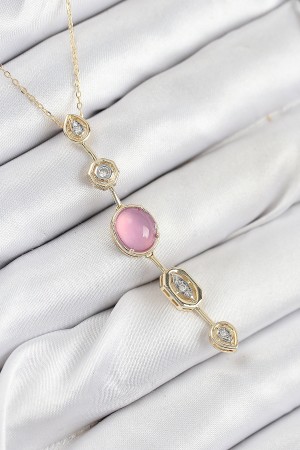 Pirinç Zincir Pembe Gold Renk Zirkon Taşlı Y Kolye - TJ-BKO10554