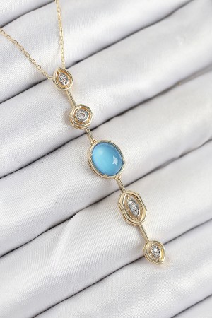 Pirinç Zincir Mavi Gold Renk Zirkon Taşlı Y Kolye - TJ-BKO10558