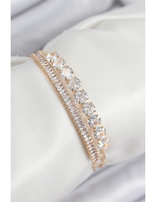 Pirinç Zirkon Taşlı Su Yolu Model Gold Renk Kadın Bileklik - TJ-BB7857