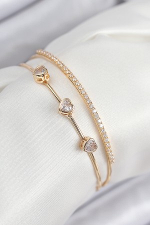 Pirinç Zirkon Taşlı Kalp Model Gold Renk Kadın Bileklik - TJ-BB7861 Pirinç Zirkon Taşlı Kalp Model Gold Renk Kadın Bileklik - TJ-BB7861