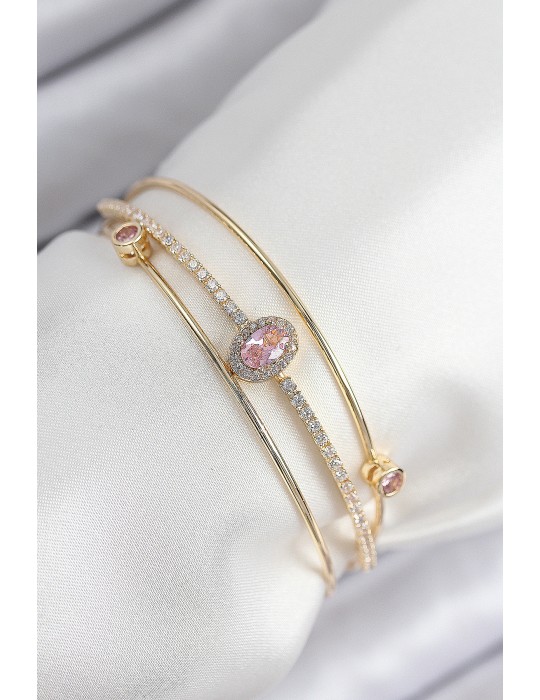 Pirinç Zirkon Taşlı Baget Model Gold Renk Kadın Bileklik - TJ-BB7863