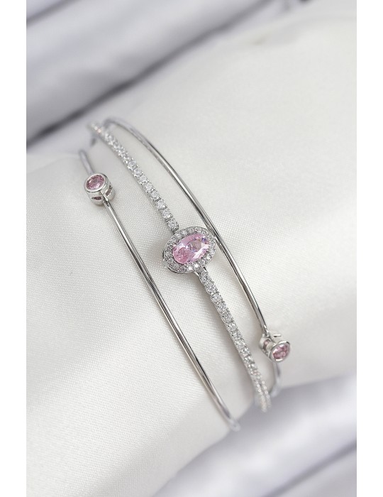 Pirinç Zirkon Taşlı Baget Model Gümüş Renk Kadın Bileklik - TJ-BB7864