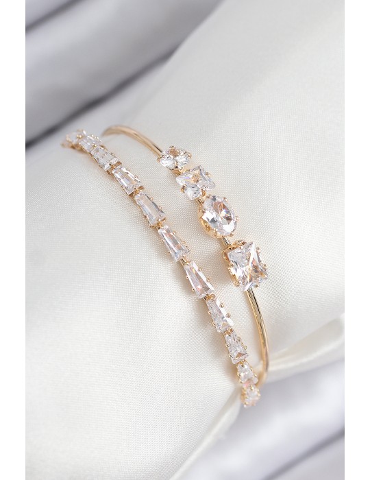 Pirinç Zirkon Taşlı Su Yolu Model Gold Renk Kadın Bileklik - TJ-BB7865