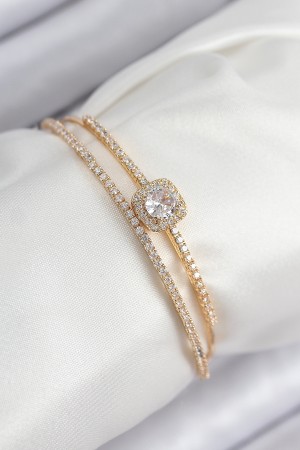 Pirinç Zirkon Taşlı Baget Model Gold Renk Kadın Bileklik - TJ-BB7871 Pirinç Zirkon Taşlı Baget Model Gold Renk Kadın Bileklik - TJ-BB7871