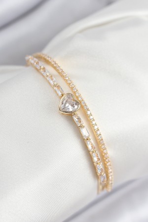 Pirinç Zirkon Taşlı Kalp Model Gold Renk Kadın Bileklik - TJ-BB7873 Pirinç Zirkon Taşlı Kalp Model Gold Renk Kadın Bileklik - TJ-BB7873