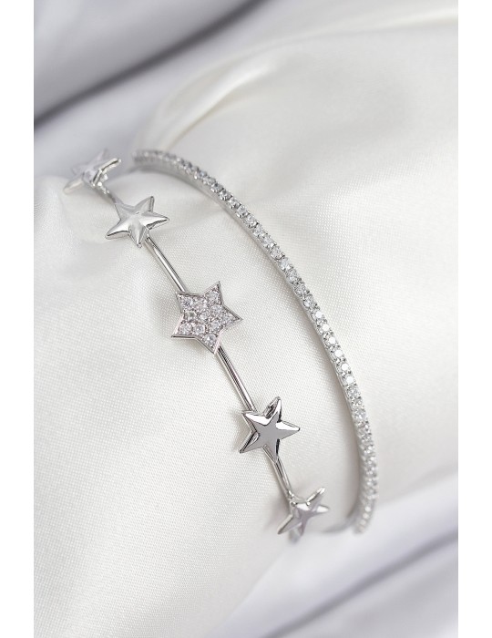 Pirinç Zirkon Taşlı Yıldız Model Gümüş Renk Kadın Bileklik - TJ-BB7878