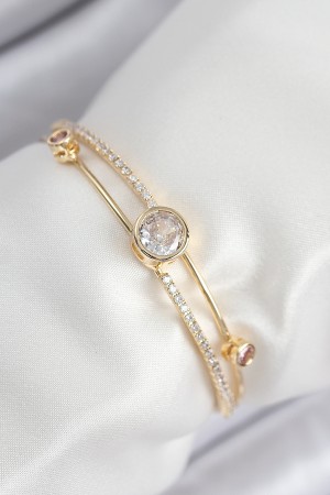 Pirinç Zirkon Taşlı Pırlanta Model Gold Renk Kadın Bileklik - TJ-BB7879 Pirinç Zirkon Taşlı Pırlanta Model Gold Renk Kadın Bileklik - TJ-BB7879