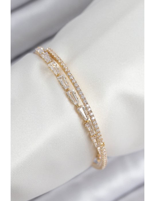 Pirinç Zirkon Taşlı Su Yolu Model Gold Renk Kadın Bileklik - TJ-BB7881