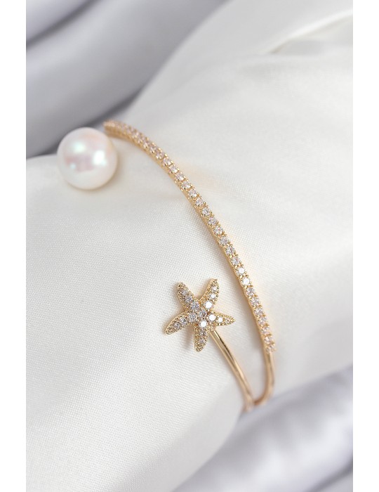 Pirinç Zirkon Taşlı Yıldız Ve İnci Model Gold Renk Kadın Bileklik - TJ-BB7883