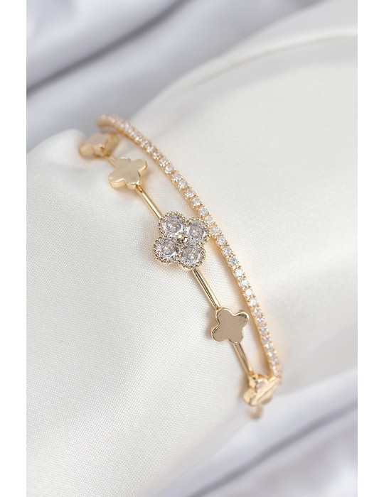 Pirinç Zirkon Taşlı Yonca Model Gold Renk Kadın Bileklik - TJ-BB7885