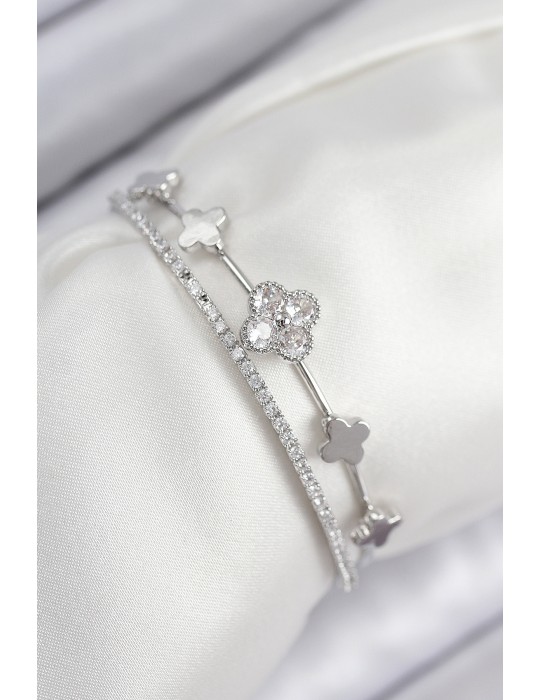 Pirinç Zirkon Taşlı Yonca Model Gümüş Renk Kadın Bileklik - TJ-BB7886