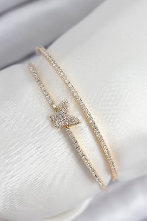 Pirinç Zirkon Taşlı Model Gold Renk Kadın Bileklik - TJ-BB7891 Pirinç Zirkon Taşlı Model Gold Renk Kadın Bileklik - TJ-BB7891