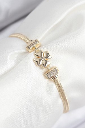 Pirinç Zirkon Taşlı Yonca Model Gold Renk Kadın Bileklik - TJ-BB7897 Pirinç Zirkon Taşlı Yonca Model Gold Renk Kadın Bileklik - TJ-BB7897