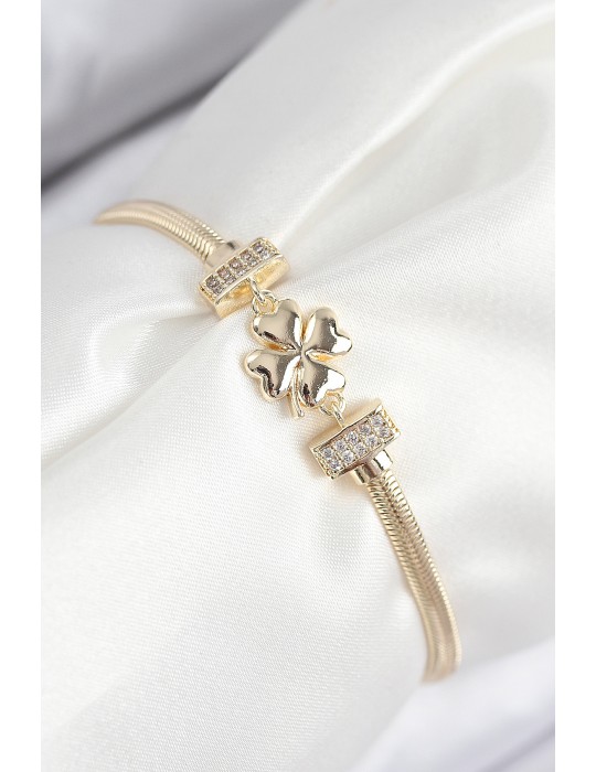 Pirinç Zirkon Taşlı Yonca Model Gold Renk Kadın Bileklik - TJ-BB7897