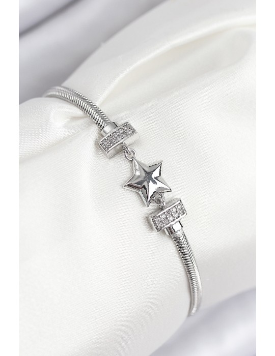 Pirinç Zirkon Taşlı Yonca Model Gümüş Renk Kadın Bileklik - TJ-BB7898