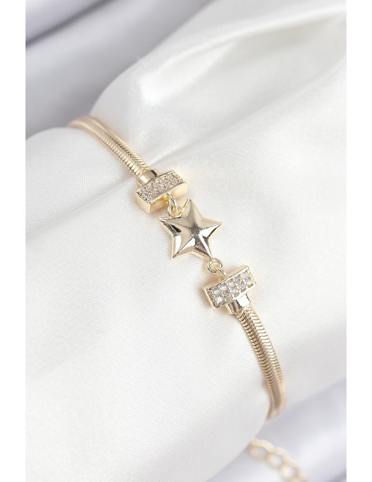 Pirinç Zirkon Taşlı Yıldız Model Gold Renk Kadın Bileklik - TJ-BB7899