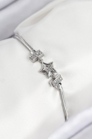 Pirinç Zirkon Taşlı Yıldız Model Gümüş Renk Kadın Bileklik - TJ-BB7902 Pirinç Zirkon Taşlı Yıldız Model Gümüş Renk Kadın Bileklik - TJ-BB7902