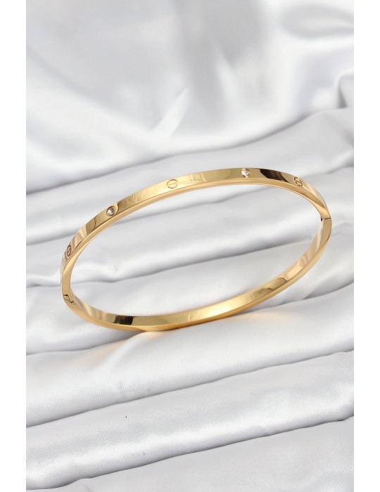 316L Çelik Gold Renk Zirkon Taşlı 65 mm İnce Kadın Kelepçe Bileklik - TJ-BB7914