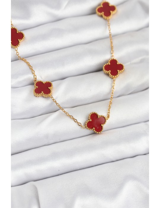316L Çelik Gold Renk Zincir Bordo Yonca Kadın Kolye - TJ-BKO10565