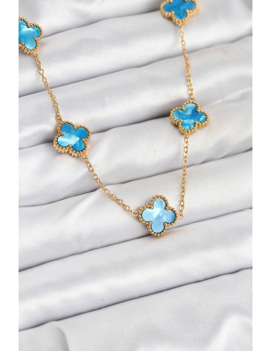 316L Çelik Zincir Gold Buz Mavisi Renk Yonca Kolye - TJ-BKO10566