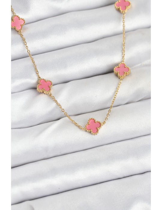 316L Çelik Zincir Gold Renk Pembe Baby Boy Yonca Kadın Kolye - TJ-BKO10572