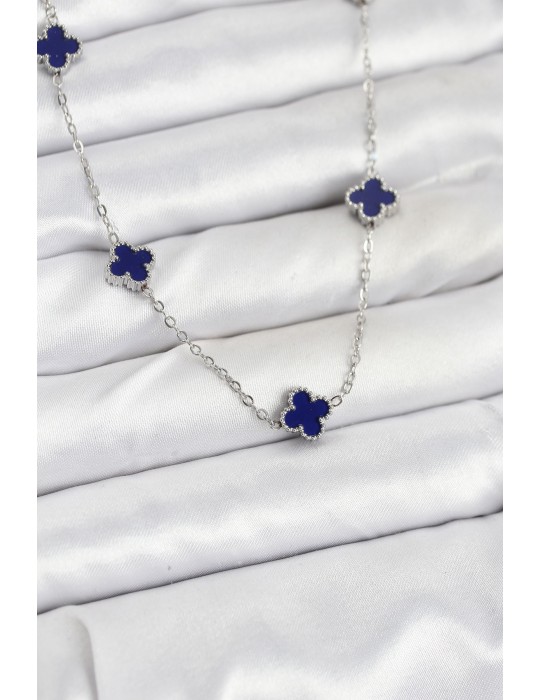 316L Çelik Zincir Gümüş Renk Lacivert Baby Boy Yonca Kadın Kolye - TJ-BKO10574