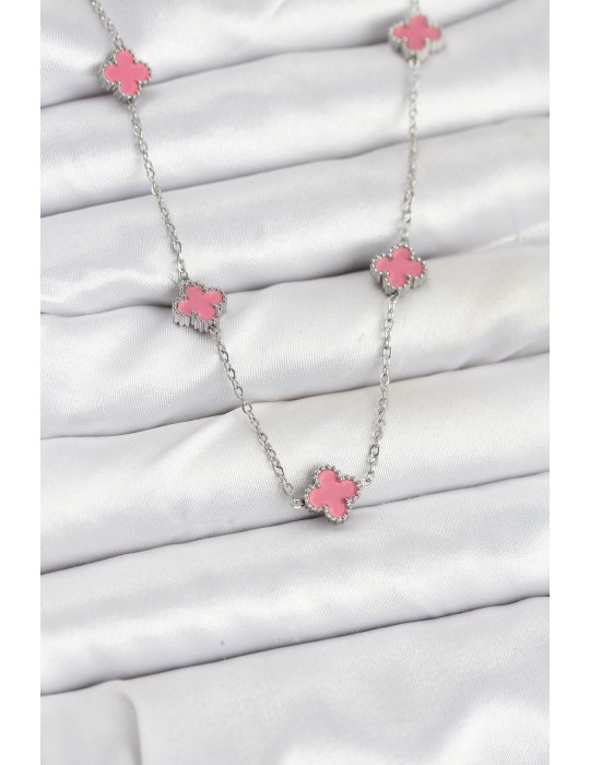 316L Çelik Zincir Gümüş Renk Pembe Baby Boy Yonca Kadın Kolye - TJ-BKO10575