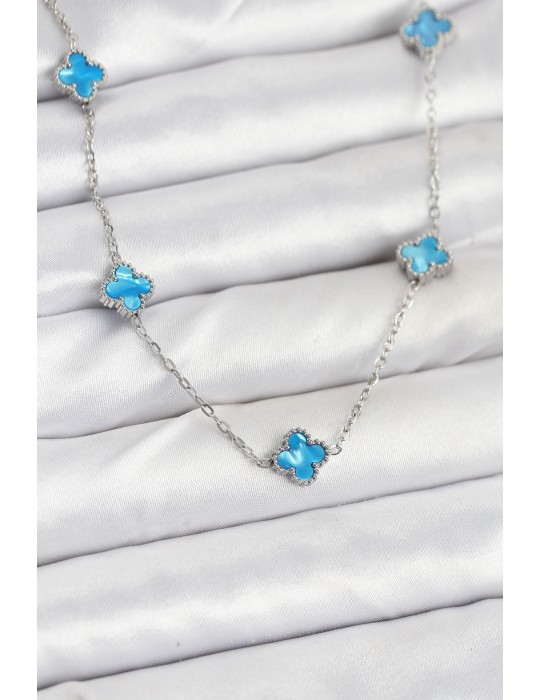 316L Çelik Zincir Gümüş Renk Buz Mavisi Baby Boy Yonca Kadın Kolye - TJ-BKO10576