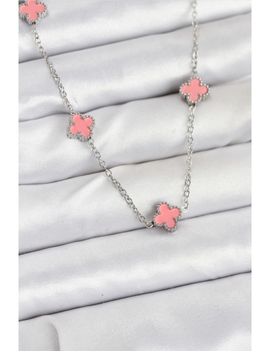 316L Çelik Zincir Gümüş Renk Pembe Baby Boy Yonca Kadın Kolye - TJ-BKO10579