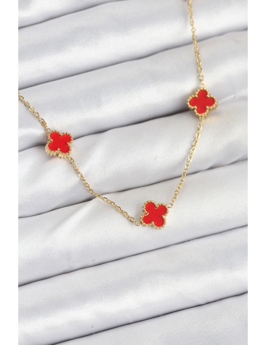 316L Çelik Zincir Gold Renk Kırmızı Baby Boy Yonca Kadın Kolye - TJ-BKO10580